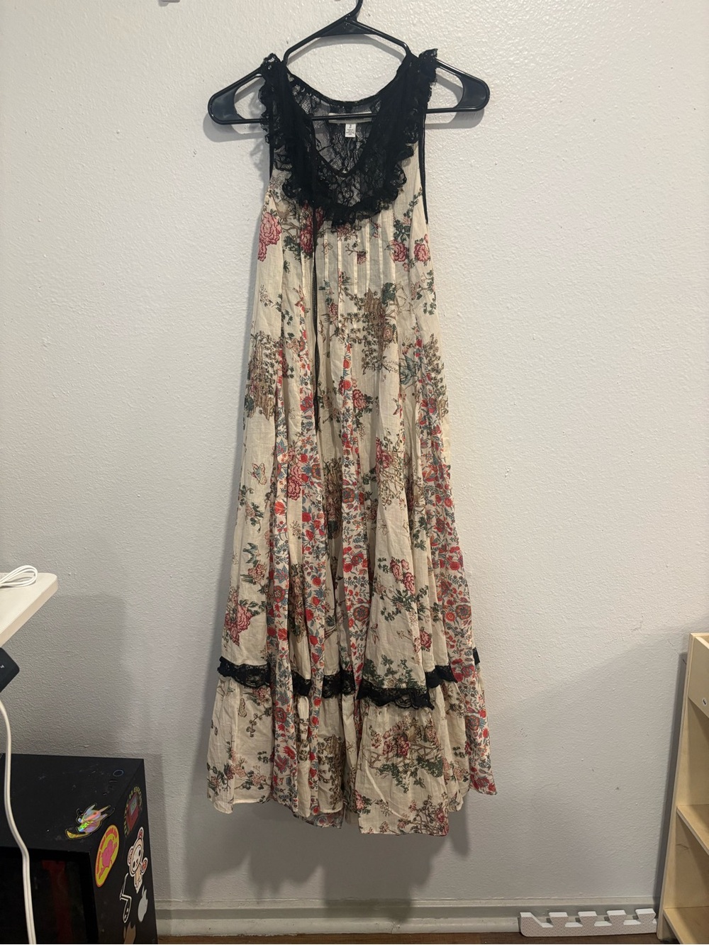 Urban Outfitters Cream Floral Tiered Maxi Dress with Black Lace